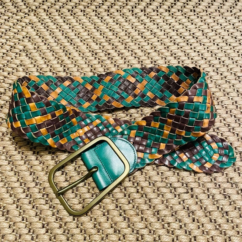 Linea Pelle Braided Leather Belt in Green, Brown & Mustard